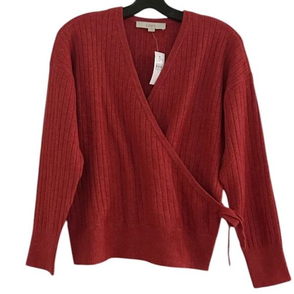 LOFT Ribbed Wrap Sweater Size Medium Toasted Pink New with Tags - Picture 3 of 9